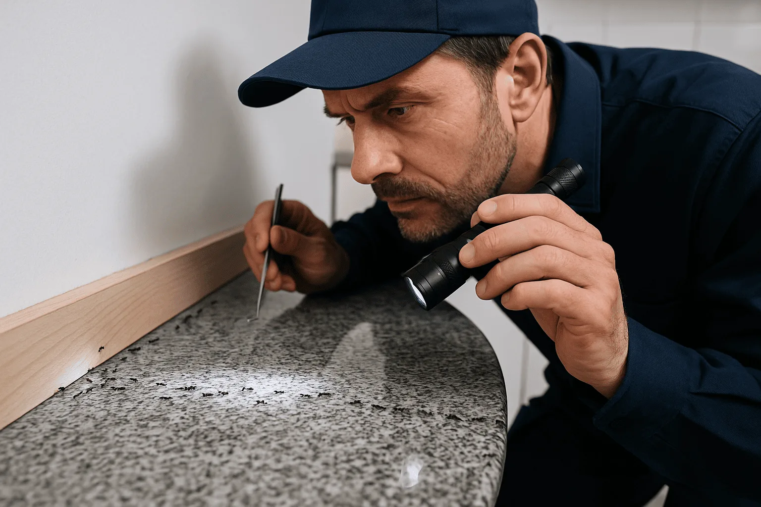 Technicien inspectant une file de fourmis le long d’un plan de travail à Nice.